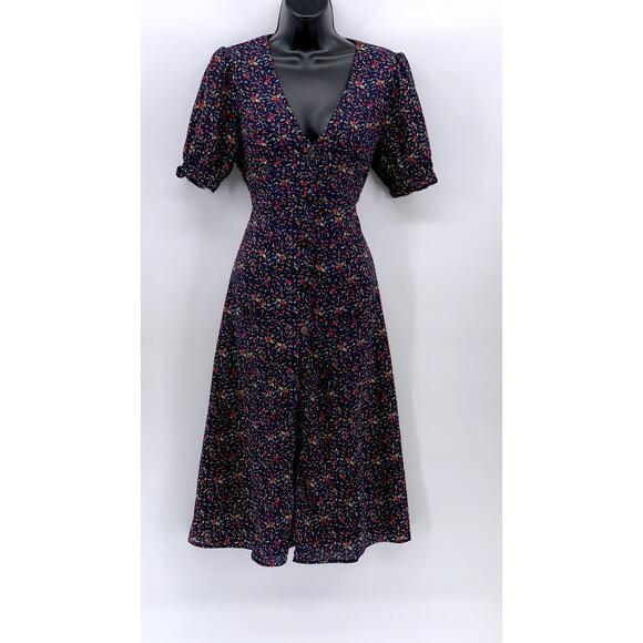 ESSUE Women's Navy Floral Elbow Sleeve V-Neck Tie-Waist A-line Dress SZ S - Picture 1 of 14